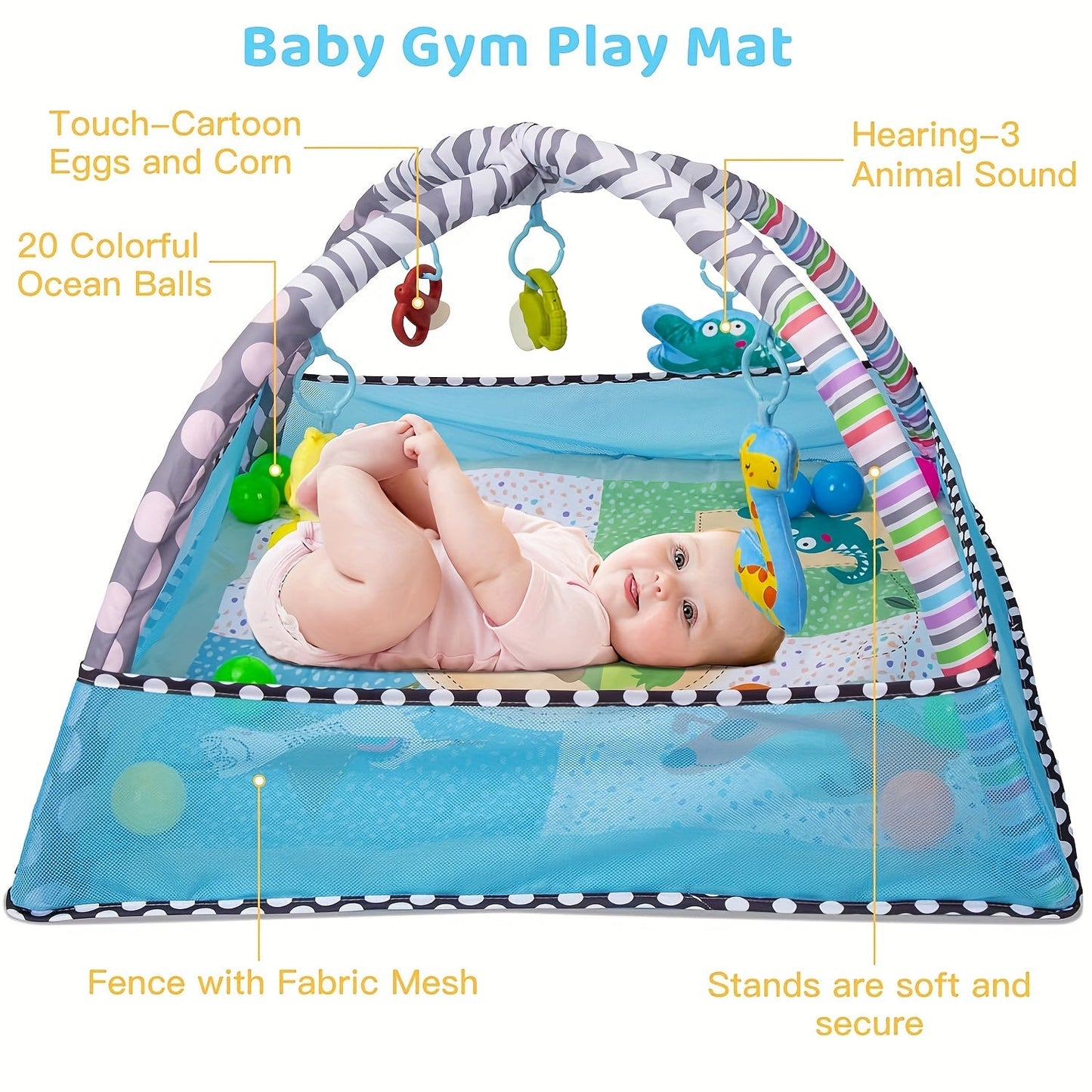 Large Activity Center with 5 interactive sensory dolls, 20 ocean balls, and a durable washable play mat for tummy time activities.