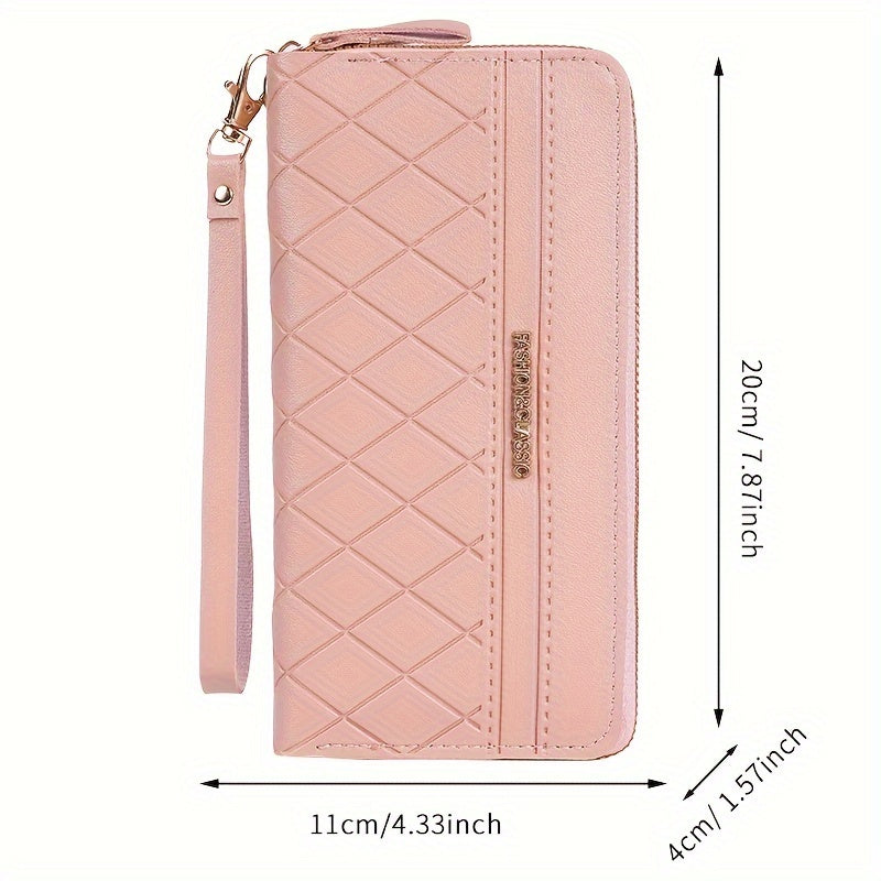 Fashion Double Zipper Long Wallet, Argyle Pattern Clutch Bag, Women's Wrist Coin Purse Mobile Phone Bag