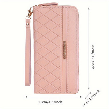 Fashion Double Zipper Long Wallet, Argyle Pattern Clutch Bag, Women's Wrist Coin Purse Mobile Phone Bag