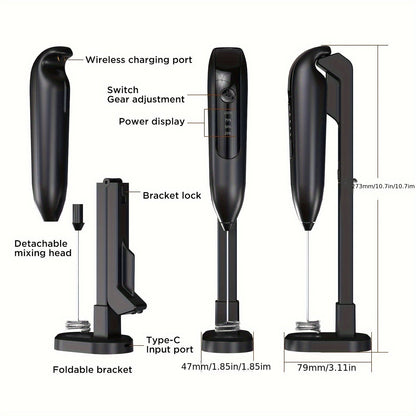 USB rechargeable handheld blender for coffee, lattes, and matcha with a portable electric milk frother. Comes with whisk attachment and stand.