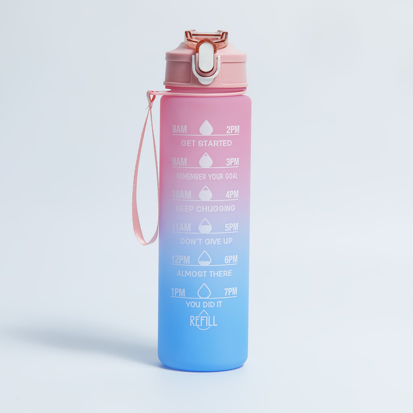 BPA-free water bottle with straw, time marker, and motivational design for fitness, gym, school, yoga, and hiking.