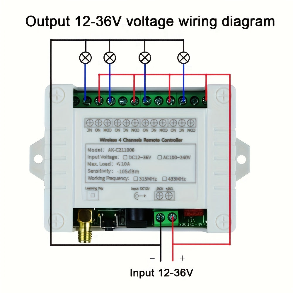 433MHz wireless relay remote control switch, 4 channel, 10A, wall mount, shock-resistant, for computers and room electrical wiring, operating voltage ≤36V, non-waterproof, no battery needed.