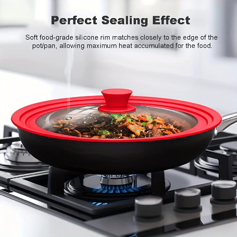 1 piece of Universal Multi-functional Pot Lid made from tempered glass with a silicone edge, perfect for use with frying pans and skillets. This skillet cover is suitable for all cookware with a diameter of 20 to 28 cm (7.8in to 11.02in) and can also be