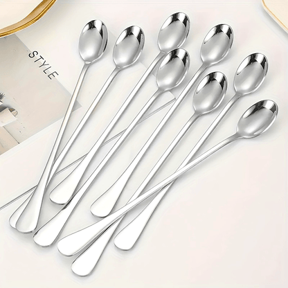 8 Stainless steel long-handled spoons suitable for various uses including stirring tea, coffee, and ice cream. Dishwasher safe and a useful addition to any kitchen.