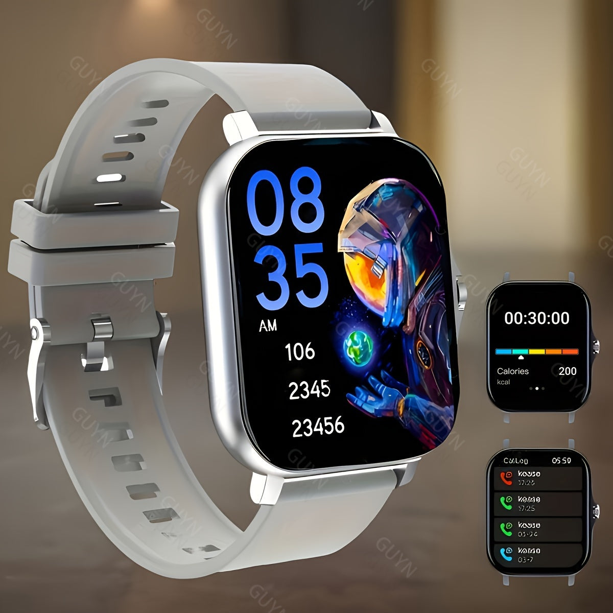 Smart watch with HD display, sports modes, notifications, weather forecast, borderless design, wireless calling, and USB charging. Ideal gift for both men and women, compatible with Android