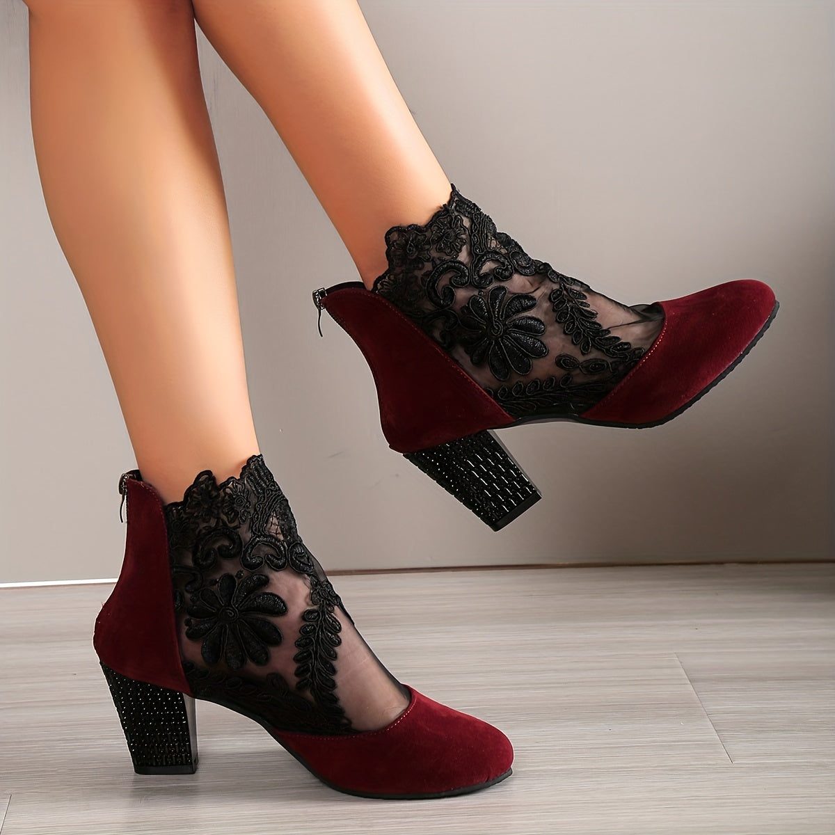 Mesh block heel boots with floral embroidered back zipper, versatile ankle boots for women.