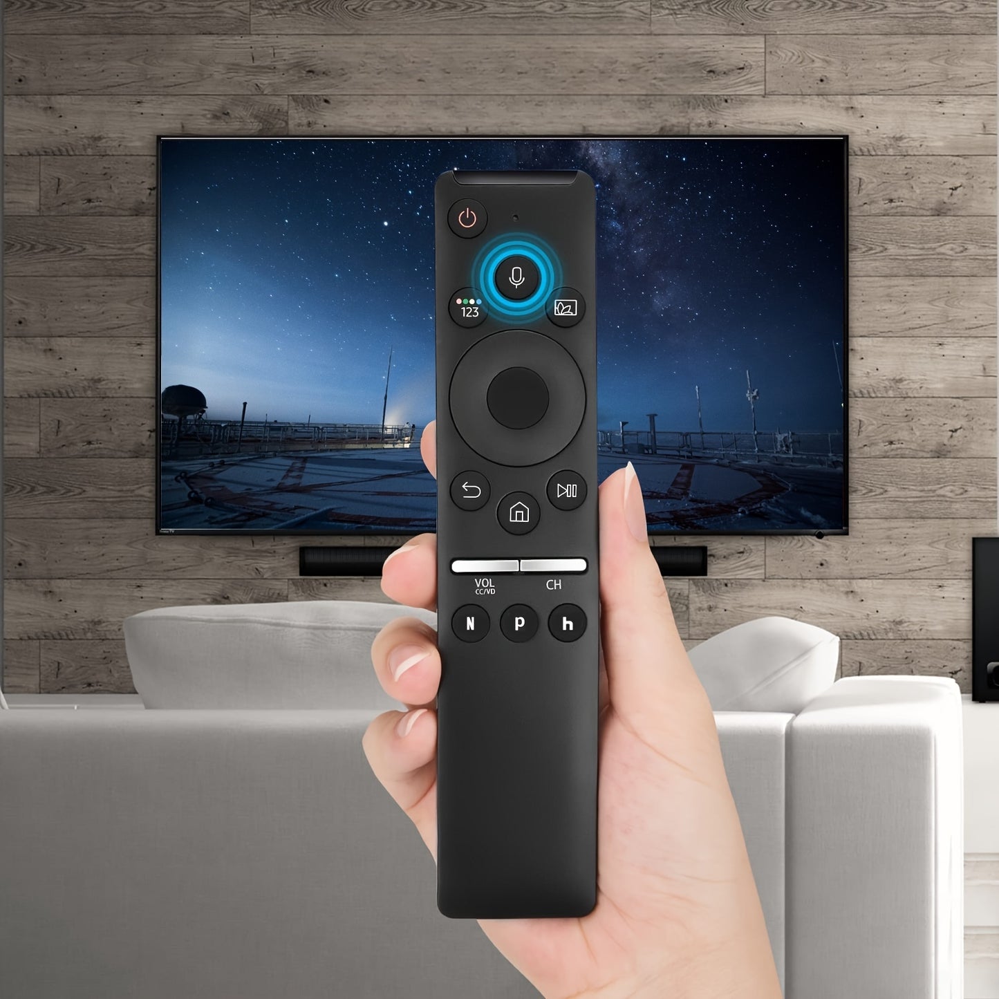 Voice control remote for Samsung TVs with Easy-Pair technology is compatible with Smart, Curved, QLED, LED LCD, 8K & 4K models. No batteries required, includes Play, Launch, and Navigation