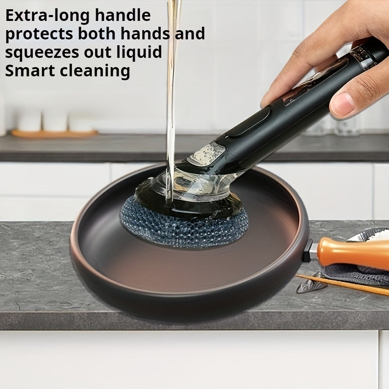 Pot brush with handle, featuring a soap dispenser and non-electric design. This plastic kitchen brush is perfect for cleaning pans and bowls, with an easy-to-clean steel wool brush included for non-stick pans and stove sink decontamination.