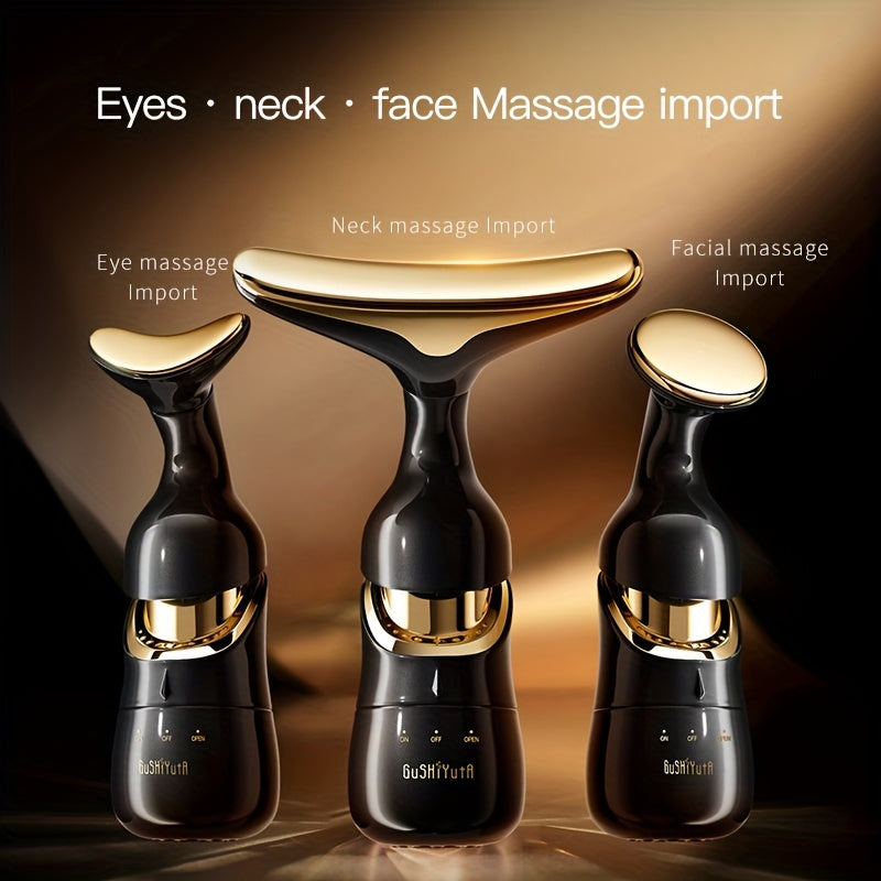 3-in-1 GuSHiYuTA facial, neck & eye massager is an oil-free skin import device powered by dry batteries, making it an ideal full-body beauty tool for home use and a perfect gift.