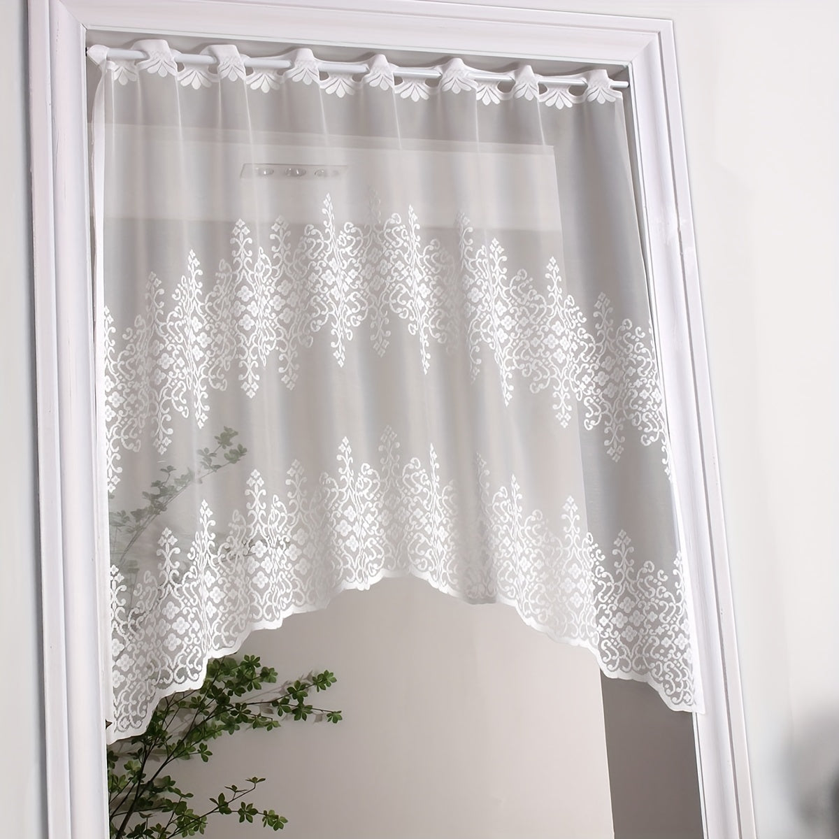 White lace cafe style curtains with geometric wavy pattern; suitable for living room, bedroom, kitchen, and home decor; comes in a set of 1 piece.