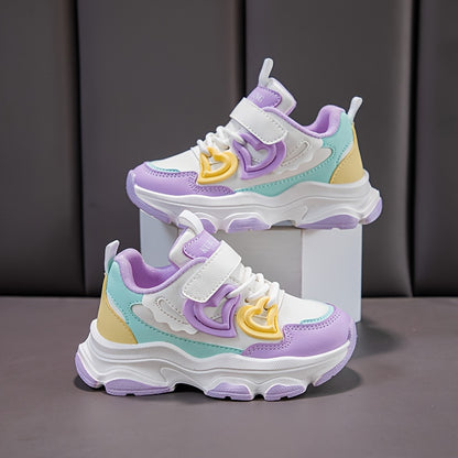 Girls' all-season fashion sneakers with sweet color block design and heart pattern, featuring easy closure, low-top PU upper, and rubber sole in pink and purple options. Perfect for daily