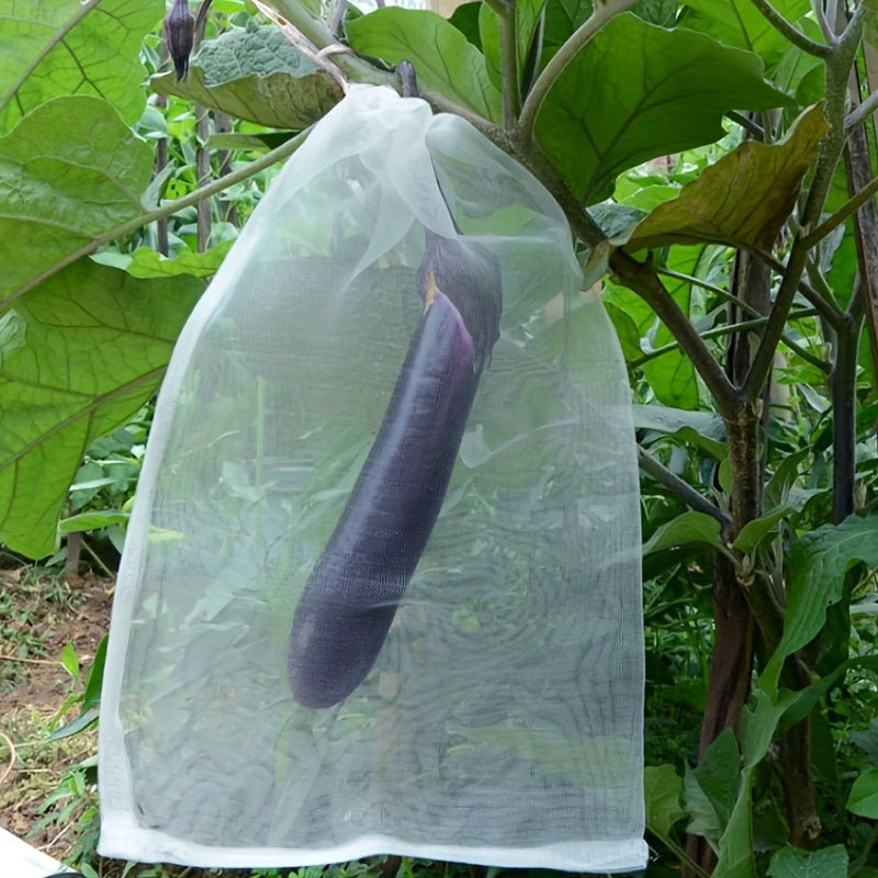 Insect-proof bags for fruits and vegetables available in packs of 20 or 50. These bags are designed to keep fruit flies and birds away from strawberries, figs, grapes, and other fruits. Each bag comes with a drawstring closure and is made from