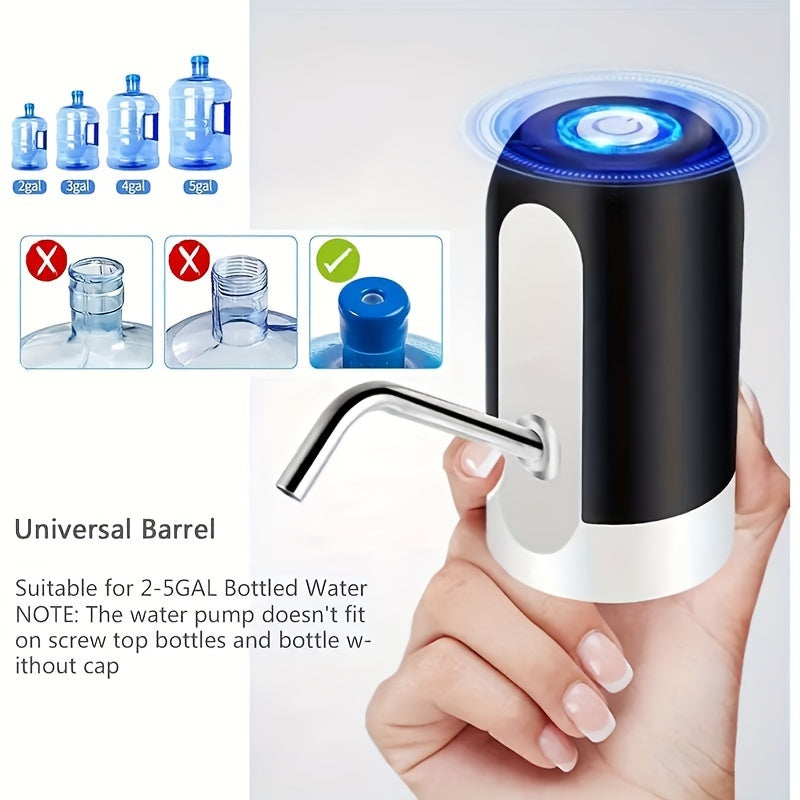 USB rechargeable water pump with LED indicator for 11.36-18.93 L bottles. Perfect for camping and home use. High-quality solution for drinking water on-the-go. Mini dispenser.