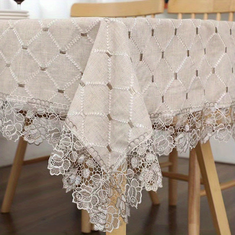 1pc Plaid Lace Macrame Tablecloth: Stain-resistant, waterproof, oil-proof, and washable. Suitable for various occasions such as picnics, camping, weddings, parties, restaurants, and buffets. Provides tabletop protection and enhances home kitchen decor.