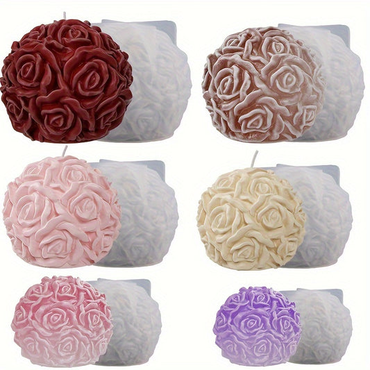 1 piece 3D round rose ball silicone mold for candle making and DIY home decoration featuring flower cluster design.