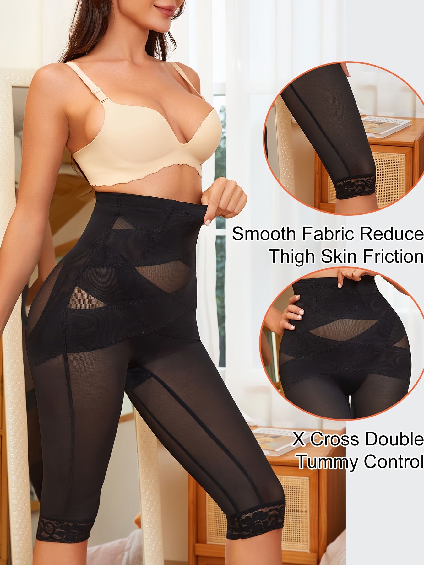 High waist shaping shorts with lace trim for women, designed to control the tummy and lift the butt.