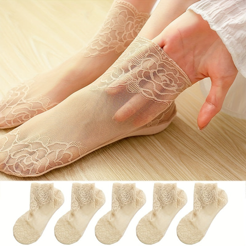 1 Pair/5 Pairs of Fashion Lace Trim Short Socks for Women, Semi-Transparent and Lightweight