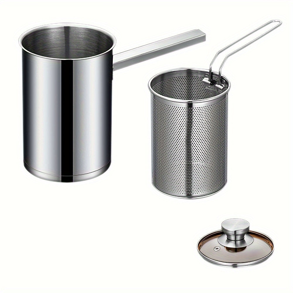 One piece of durable 304 stainless steel cookware, this deep fryer pot comes with a strainer basket and lid, making it perfect for cooking chicken and other fried foods on a gas stovetop. Its foldable handle adds convenience and easy storage.