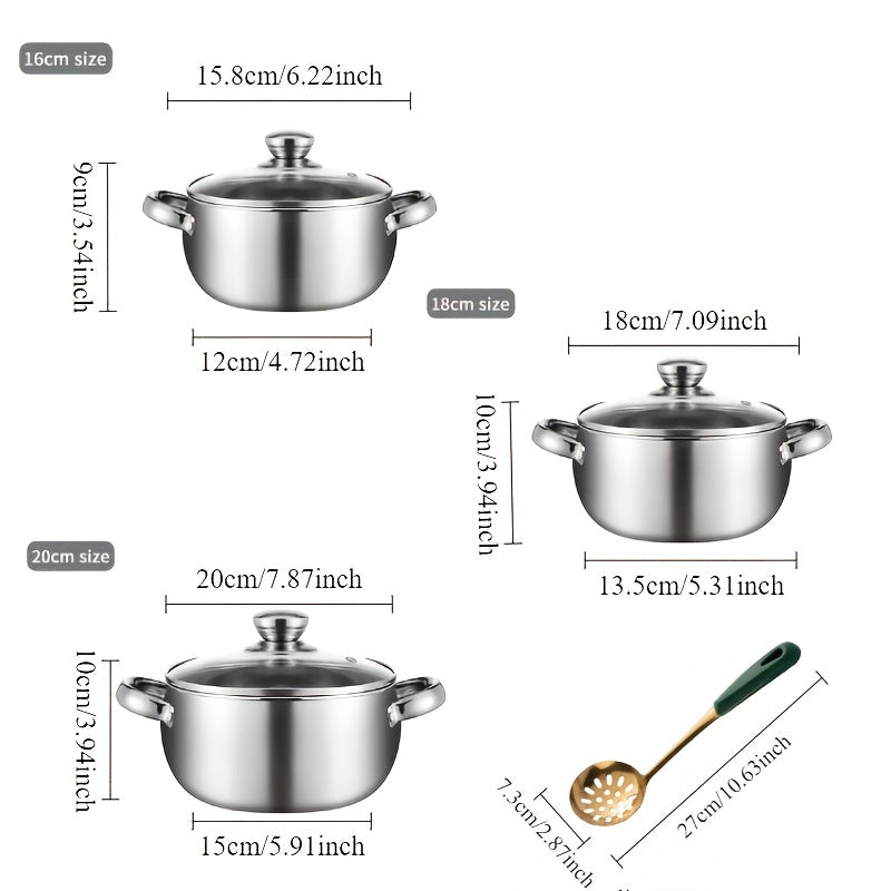 High quality Stainless Steel Cookware Set containing 6-7 pieces. Featuring a sturdy Classic Stockpot with a Glass Lid, suitable for Cooking Soup, Noodles, and other dishes. This set is Heat Resistant, Non-stick, and Easy to Clean, making it ideal for use