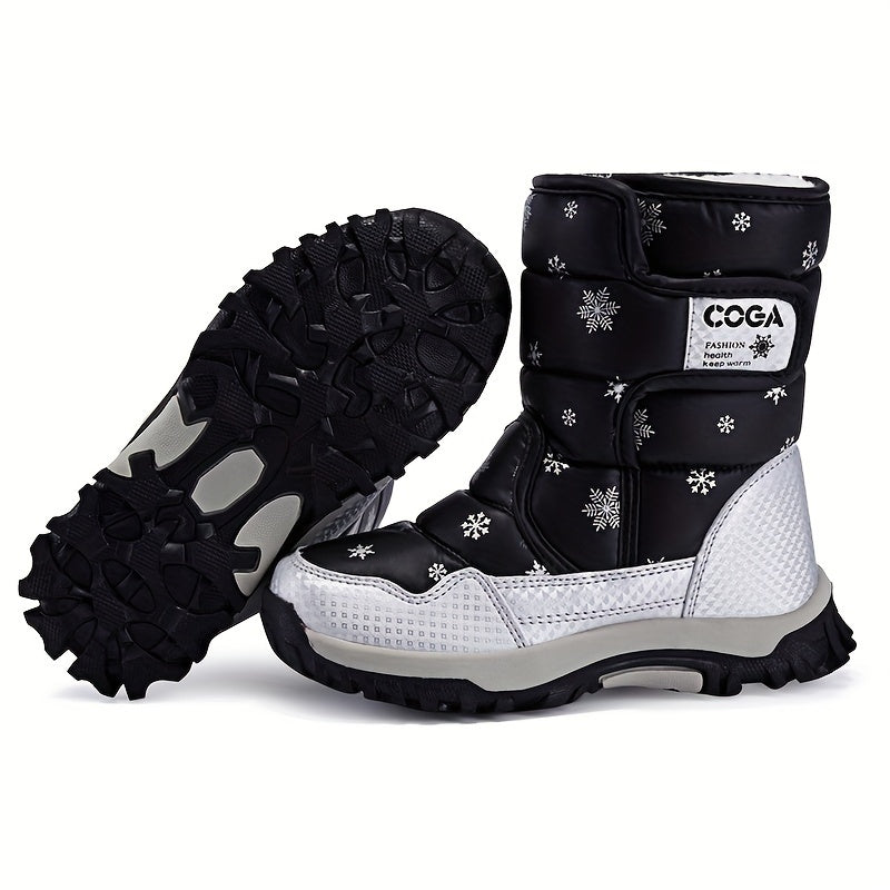 New high-top snow boots with a snowflake design for both men and women.