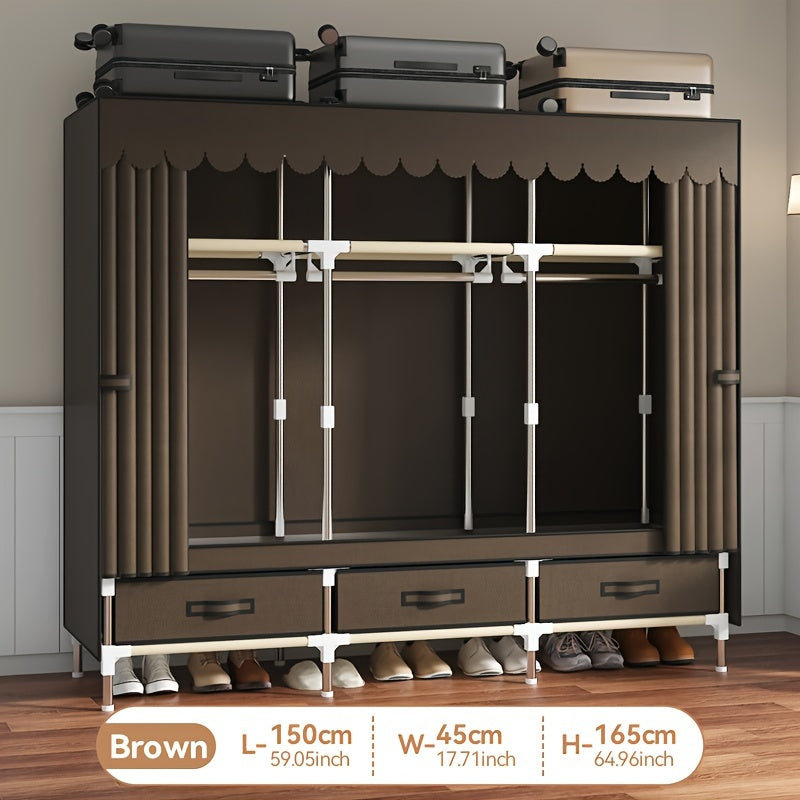 This modern wardrobe features a durable steel frame and sliding curtain for a sleek and space-saving design. Perfect for bedroom or dorm storage, this portable closet is both sturdy and stylish.