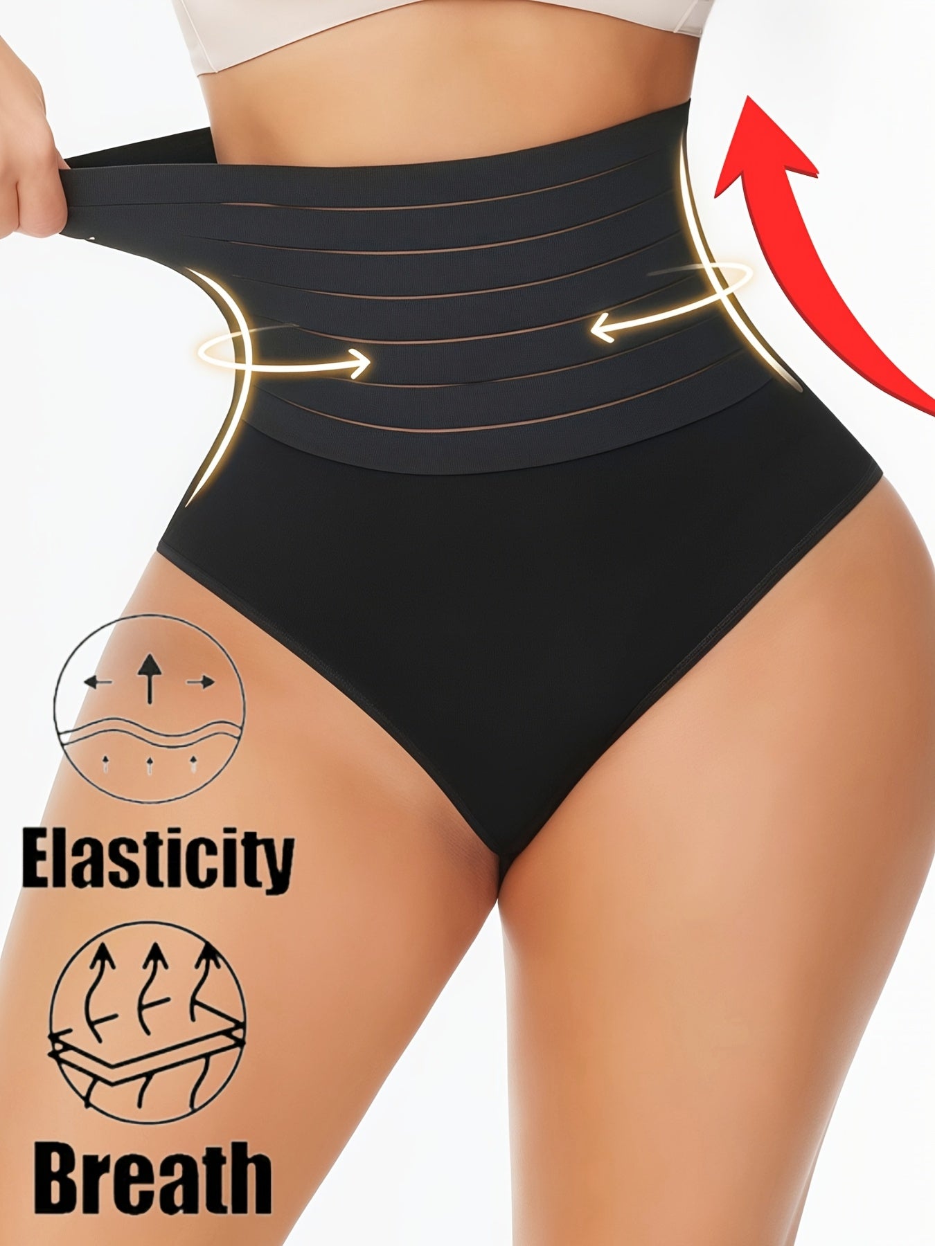 High-waist tummy control shapewear panties for women in black. Comfortable and breathable with no rolling. Made of stretchy nylon and elastane blend. Hand wash or dry clean. Ideal for