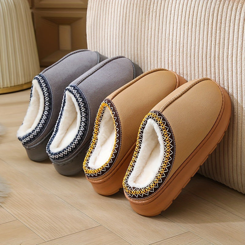 Warm and stylish beige flannel slippers for women with plush lining and striped cuff detail, suitable for indoor and outdoor wear.