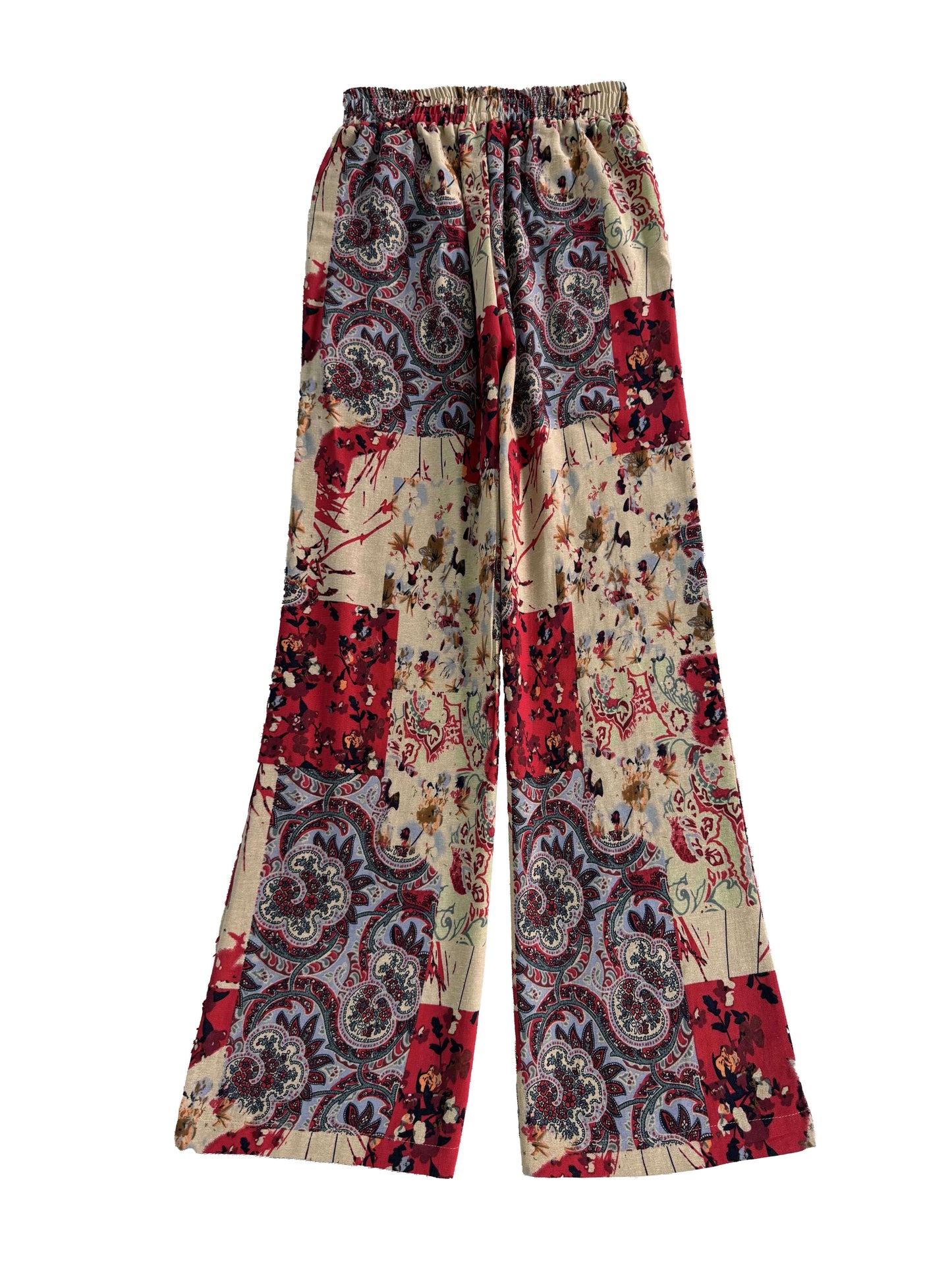 Floral cotton wide-leg pants with elastic waist, lace-up detail, and loose fit. Perfect for casual weekends and year-round comfort. Made with woven fabric for adults.