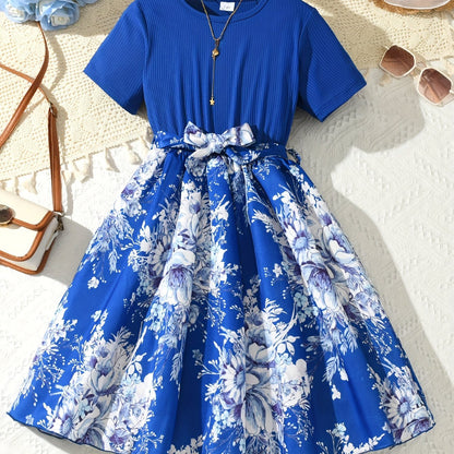 Blue floral spliced casual dress for girls, perfect for summer parties.