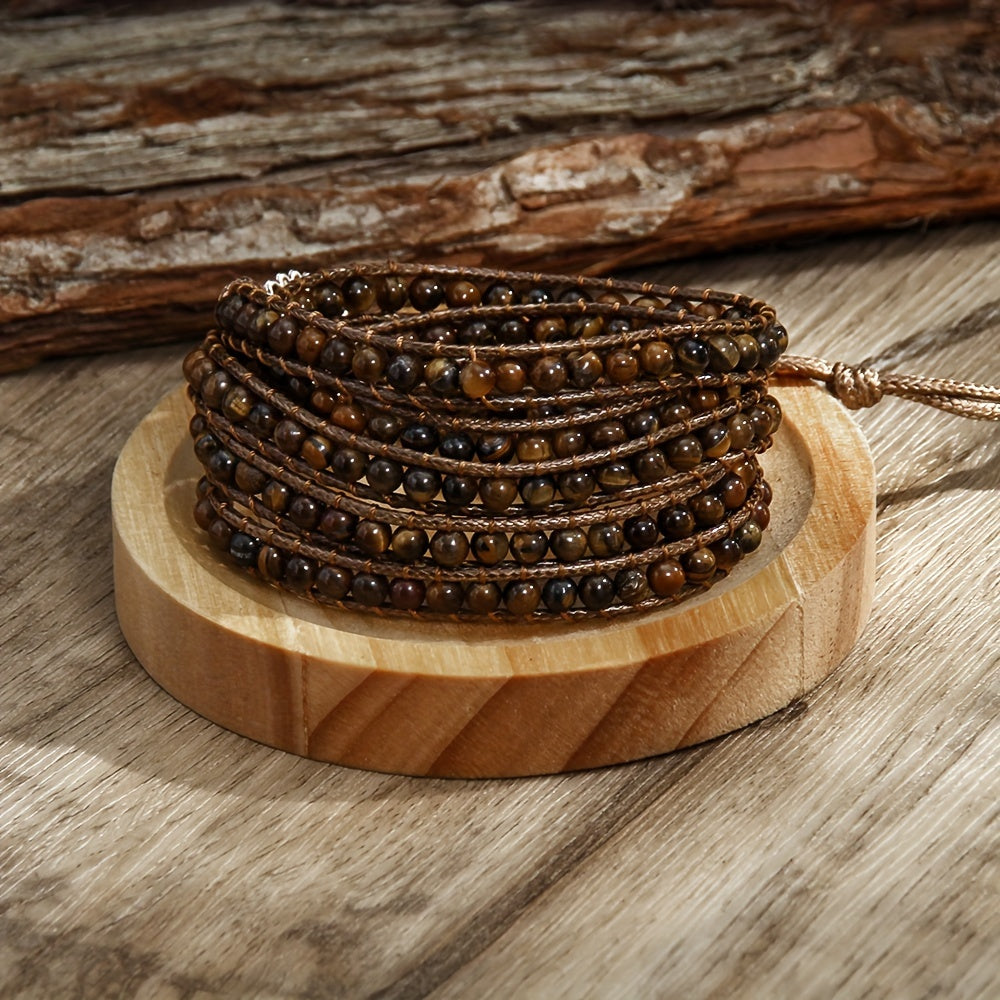 Women's Bracelet with a Bohemian Style, Waxed Cord Braid and Adjustable 5 Rows Wrap