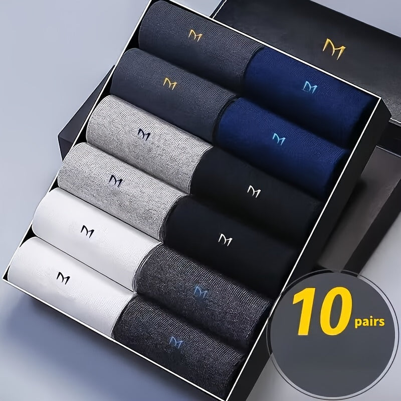 10 Pairs Men's Cotton Blend Socks, Mid-Calf Length, Breathable, Business Casual Style, Solid Color with Letter Pattern, Hand Wash, Polyester & Spandex Blend.