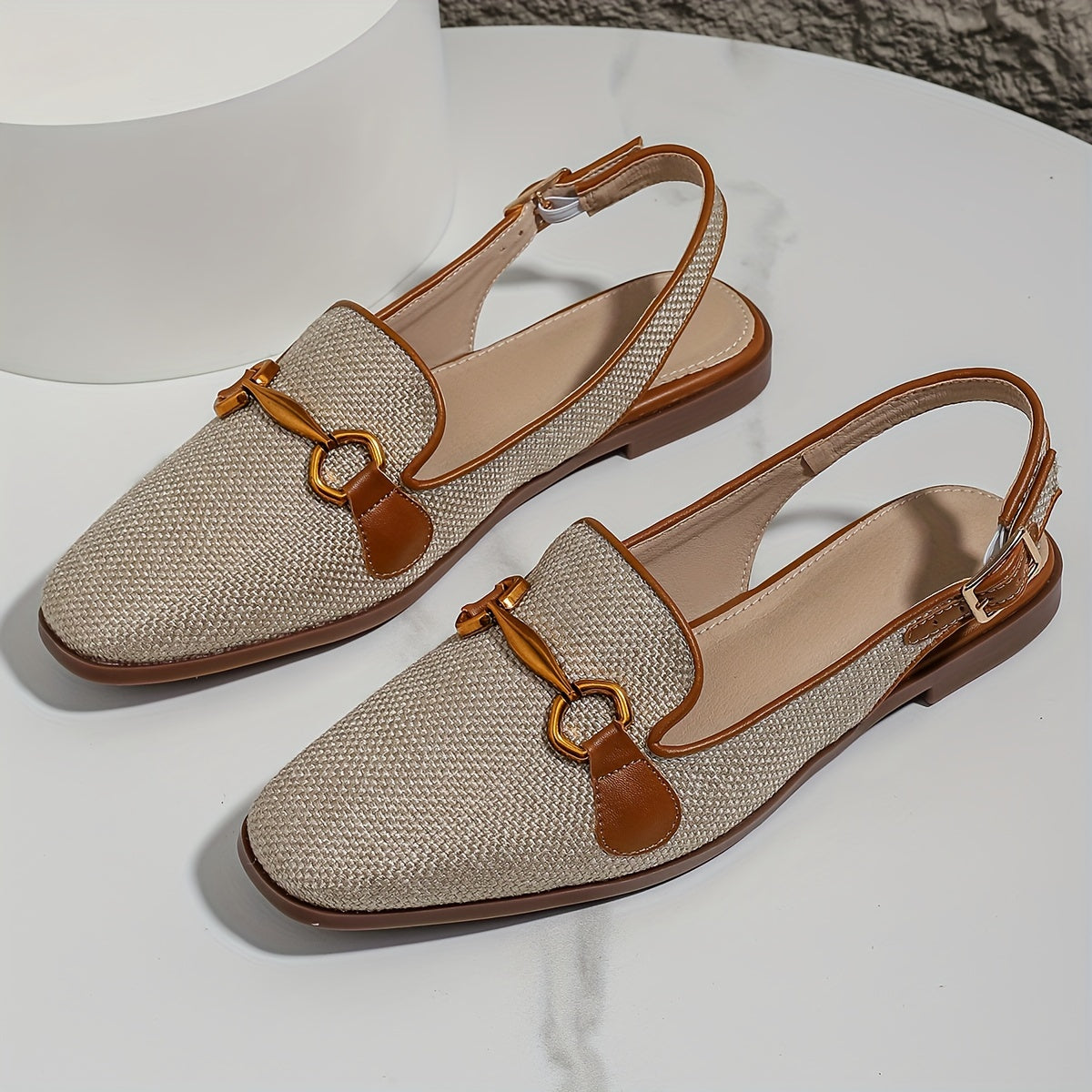 Brown Linen Square Toe Summer Sandals for Women with Metal Buckle