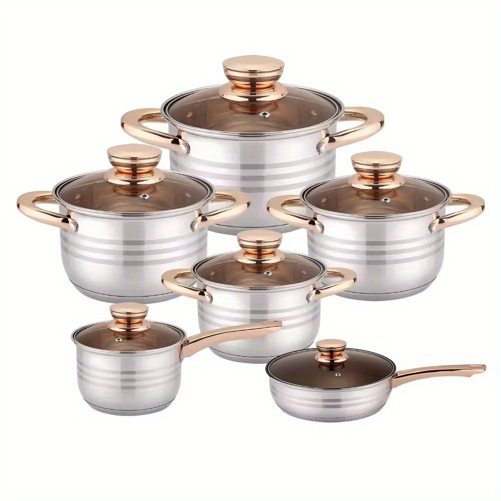 A durable set of 12 stainless steel cookware pieces featuring lids with anti-bronzing handles and visible lids. The 7-layer thickened covers provide durability, while the healthy material ensures safe cooking. This set includes a variety of kitchen pots