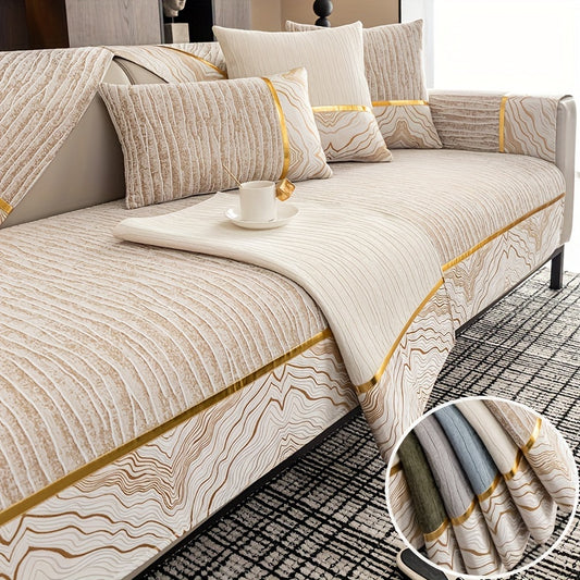 Chenille sofa cover in neutral tones with golden accents, suitable for all seasons, non-slip and pet-friendly, fits 1-4 seater L-shaped sofas. Machine washable and ideal for contemporary