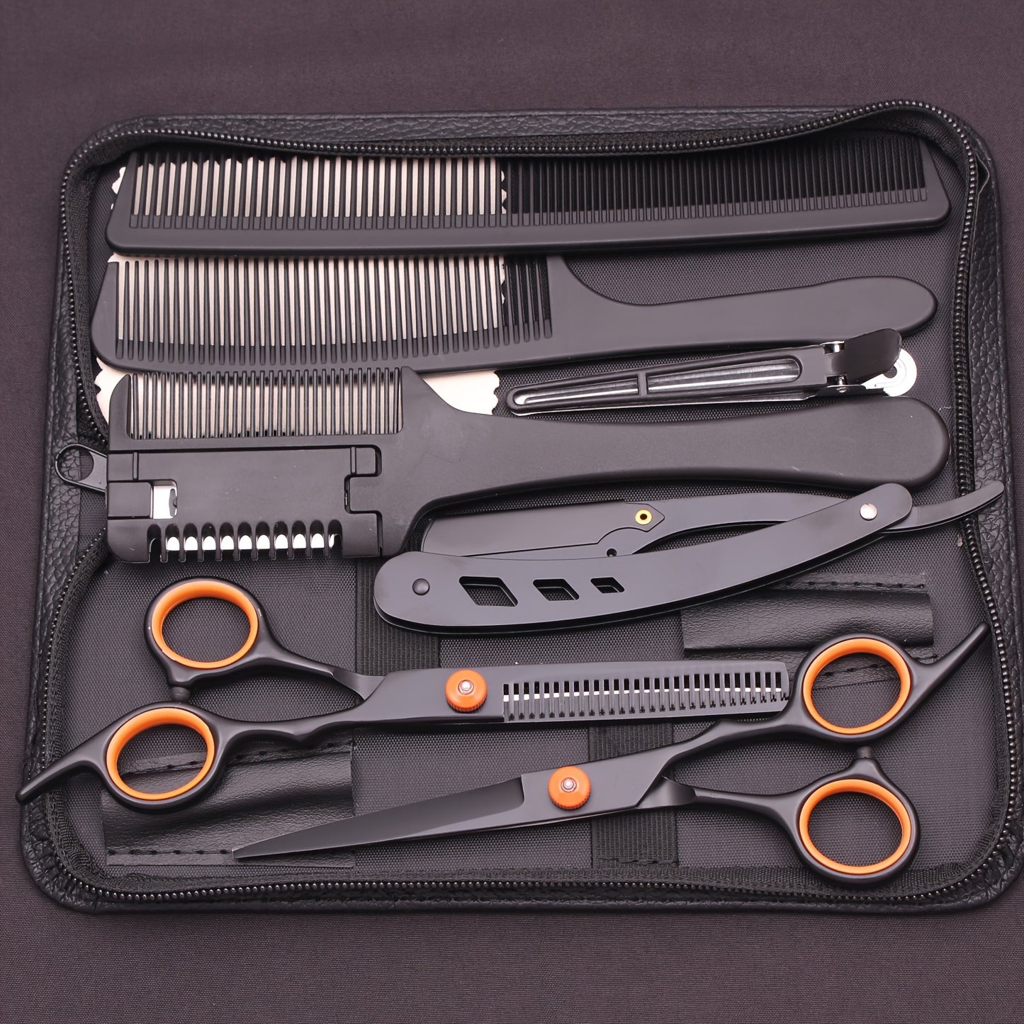 6-inch hair cutting scissors set with a variety of styling tools including thinning scissors, shaver comb, double-sided comb, and apple comb.