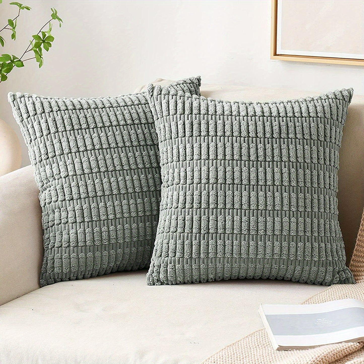 Reversible corduroy throw pillow cover with soft boho striped design, machine washable, zipper closure. Woven polyester, ideal for contemporary farmhouse home decor in sofa and living room. Size: 45.72x45.72 cm.