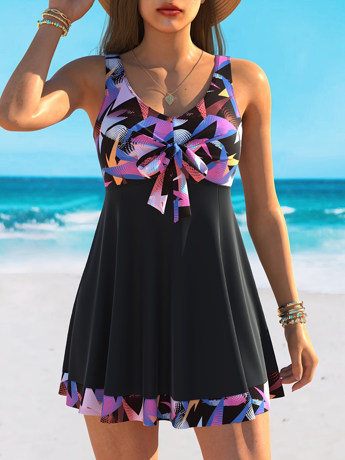 Get ready for the beach with this cute and stylish two-piece tankini set, perfect for a comfortable and stretchy fit. Ideal for your beach vacation.