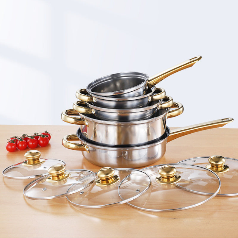 This cookware set includes 4/6 durable stainless steel pieces with golden handles. The versatile collection features pots and pans, including a stock pot and milk pot. Compatible with a variety of stovetops.