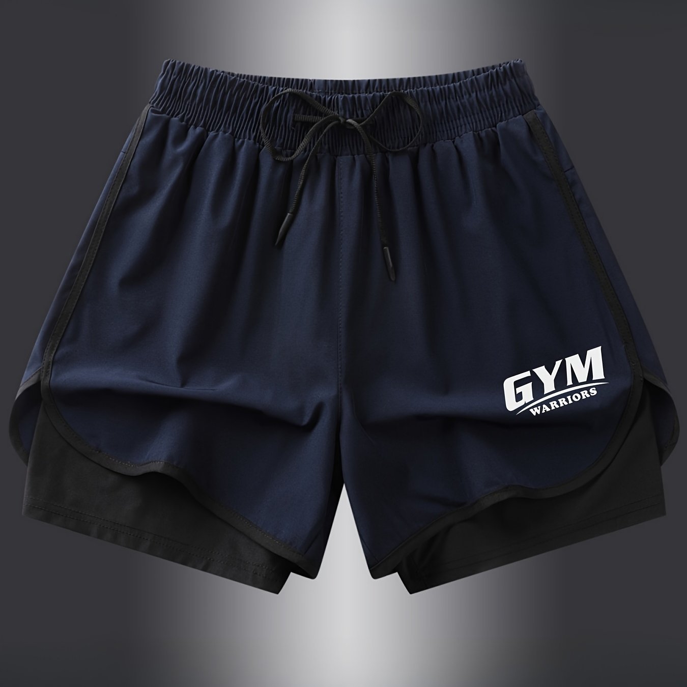 Men's navy blue athletic shorts with black accents, quick-dry, breathable, elastic waistband with drawstring, made of polyester and spandex blend.