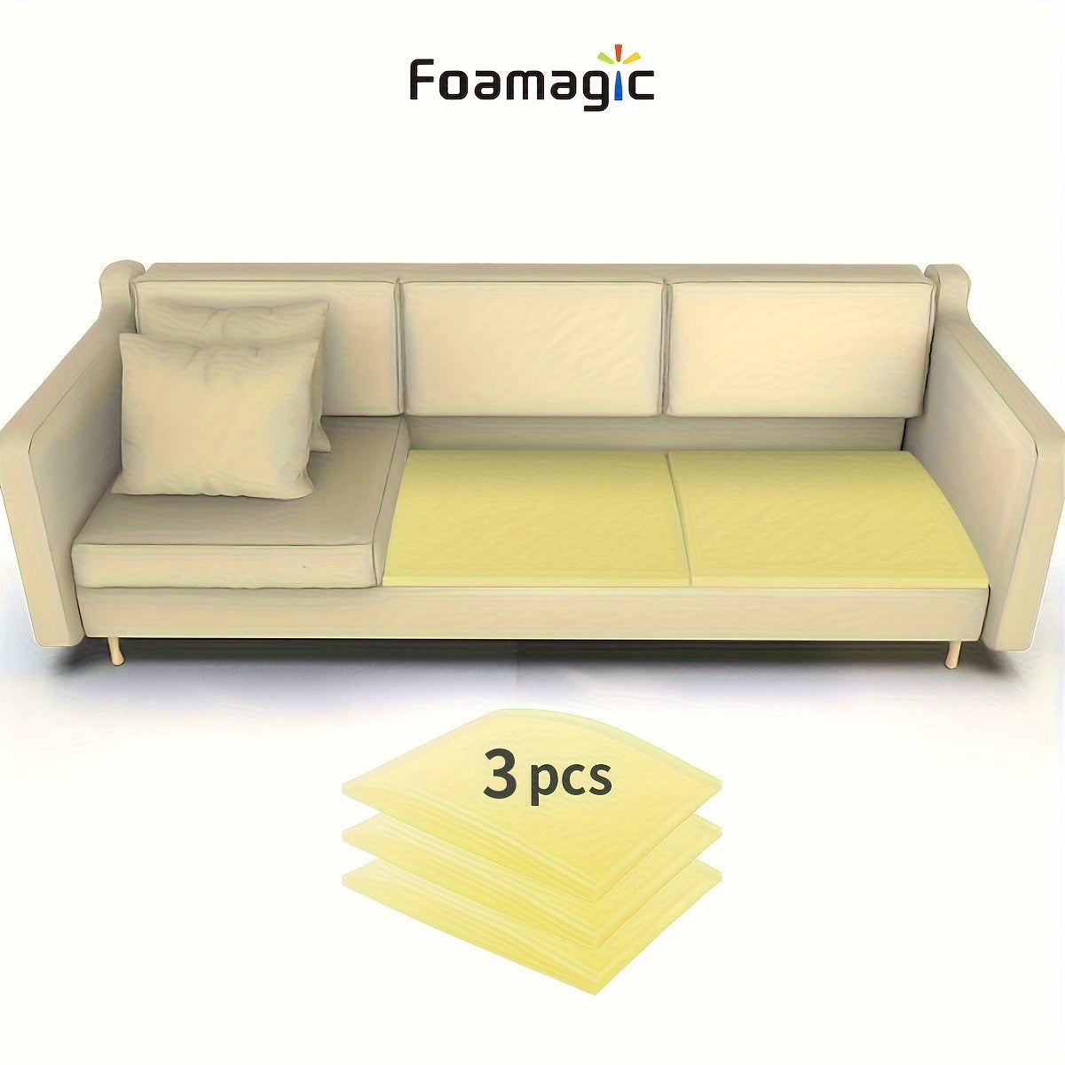 Foamagic Foam Cushion Set includes 3 pieces, each measuring 50.8cm X 50.8cm, designed to provide support for your couch, chair, or loveseat. These high-density cushions help repair sagging seats and enhance comfort. Perfect for curved furniture.