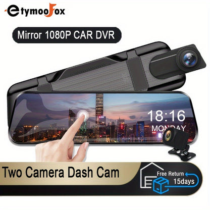 ZKCAMSPY 1080P front and 720P rear camera mirror DVR with touch screen. Magnetic mount, lithium-polymer rechargeable battery, 27.5FPS, 5V car plug power mode. Includes universal driver's