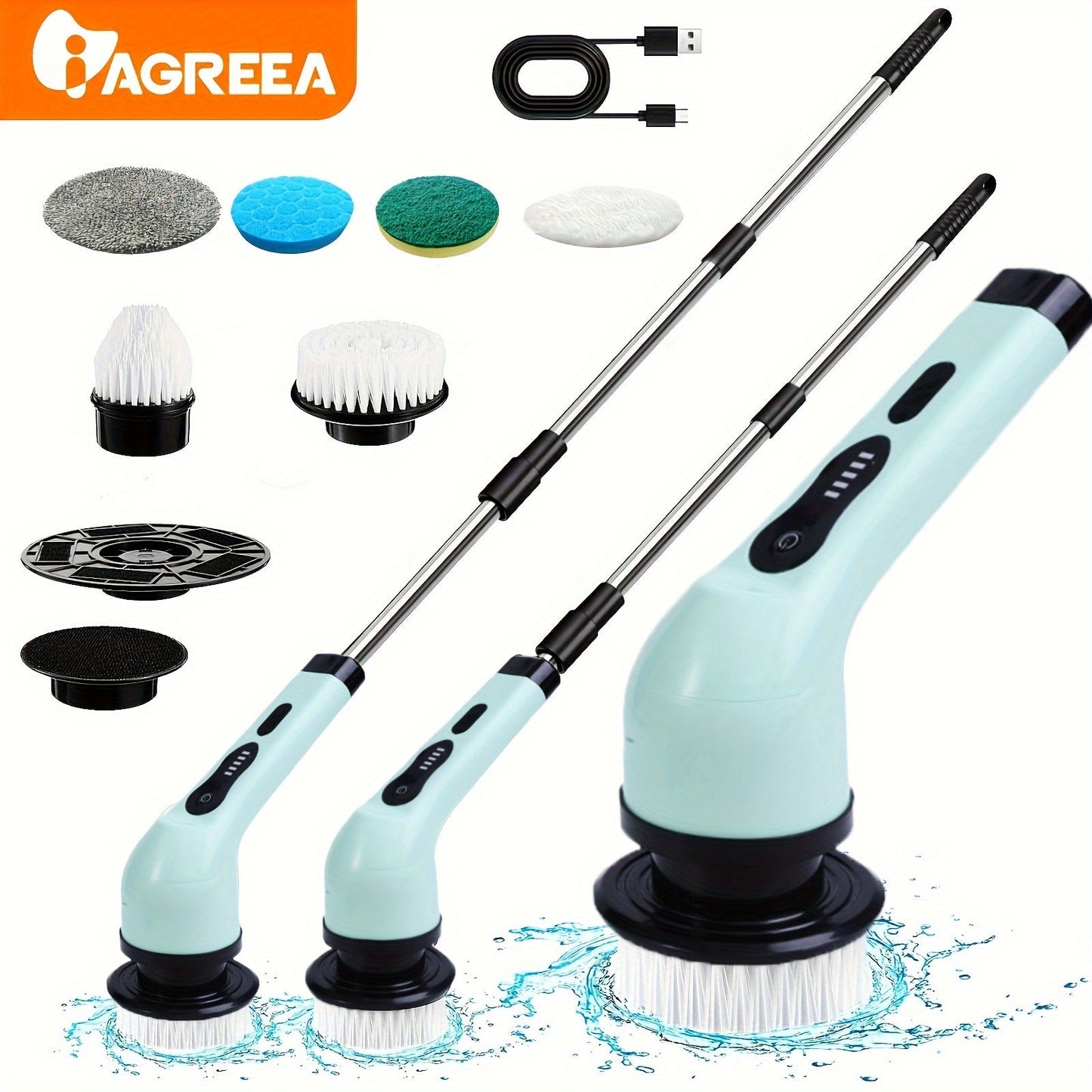 Get ready for the IAGREEA Electric Cleaning Brush! This rotary floor scrubber comes with 6 replaceable brush heads, an adjustable extension handle, and cordless 360-degree cleaning for your bathroom, bathtub, and tiles. Say goodbye to dirt and grime with