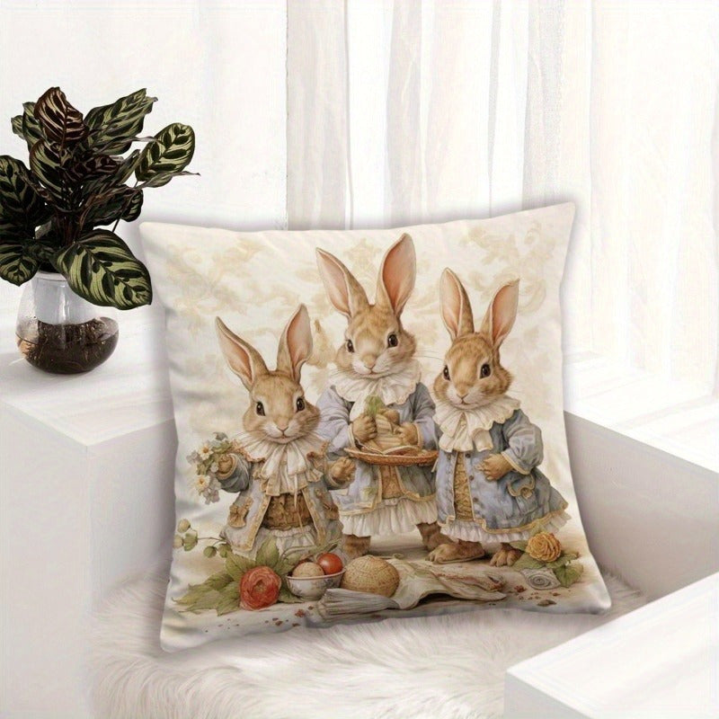 1pc Easter-themed pillowcase featuring a rabbit family print, perfect for farmhouse-style home decor. Soft, comfortable, and suitable for use in the living room, on the sofa, or anywhere in the room. Pillow core not included.