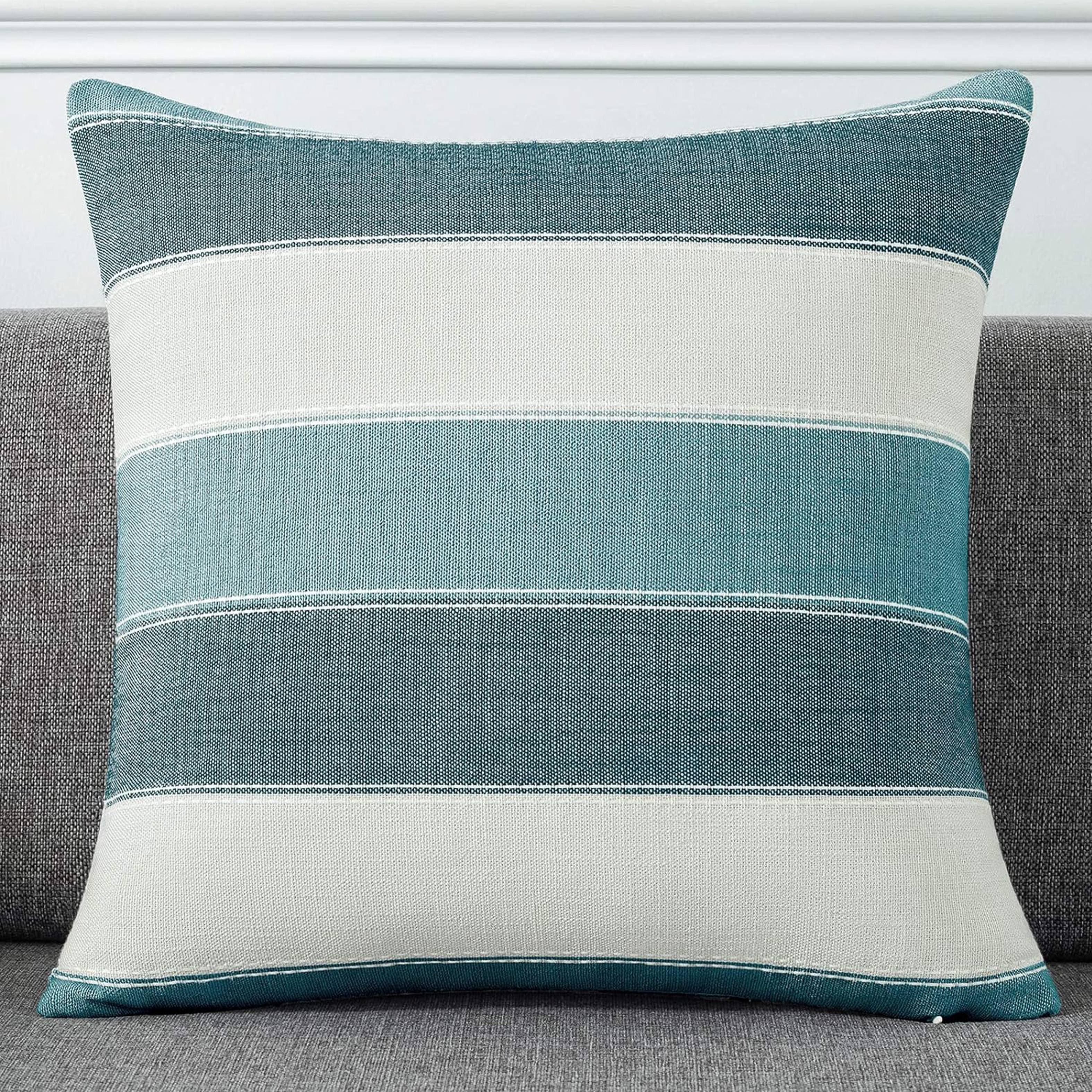 Set of 2 Teal Farmhouse Striped Linen Pillowcases - Stylish Sofa Cushion Covers with Zipper Closure, Easy to Clean Machine Washable