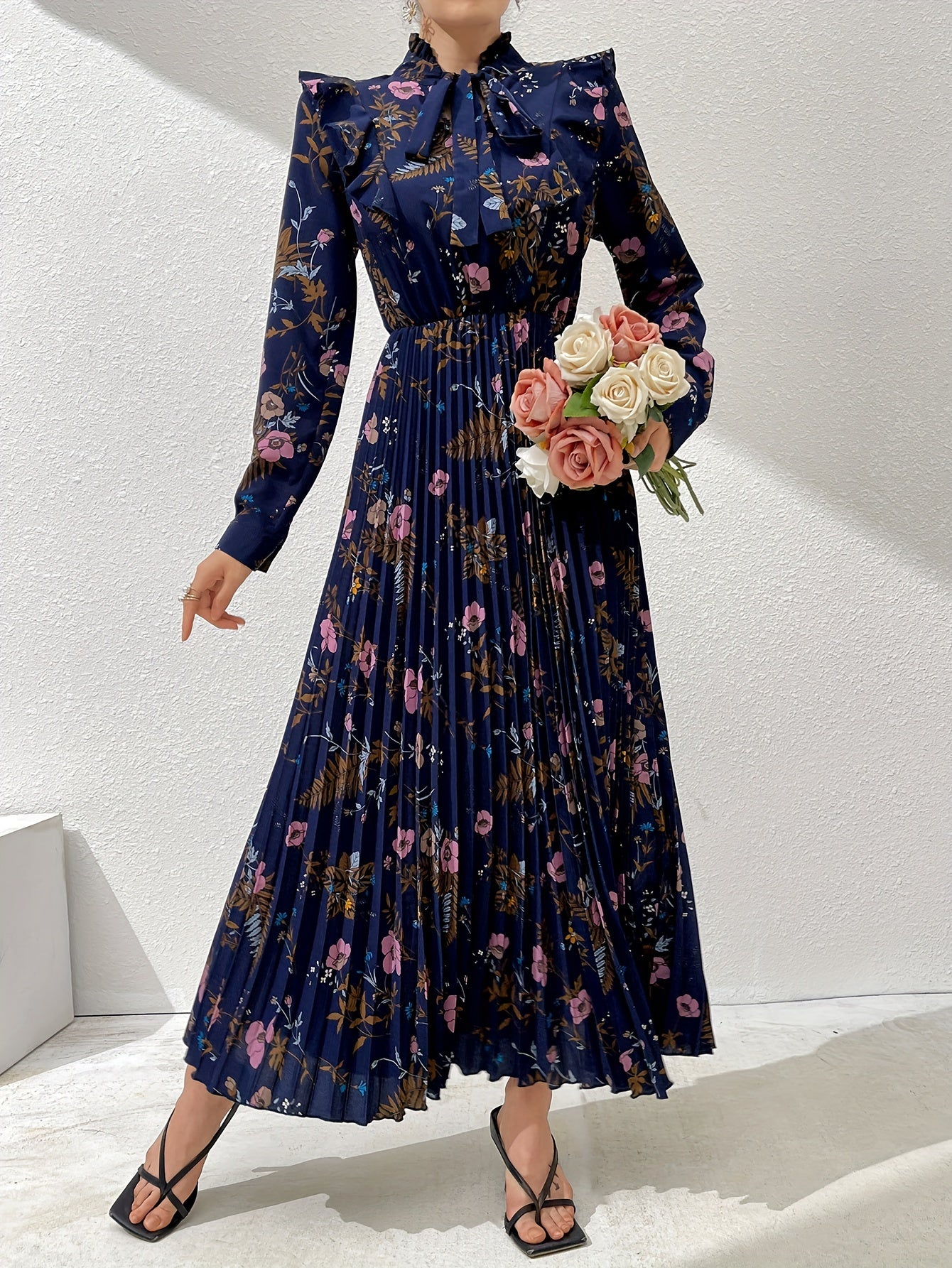 Floral print kaftan dress with tie neck and ruffle trim, elegant long sleeve pleated A-line maxi dress for women's clothing.