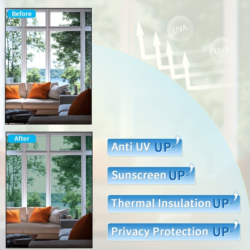 Enhance your home with this versatile Glass Film Roll for UV Protection, Privacy, and Sunshade. Easy to apply with DIY Home Decoration, Glue-Free and Electrostatic Adsorption. Provides Heat Insulation and Shading while maintaining a Translucent look.