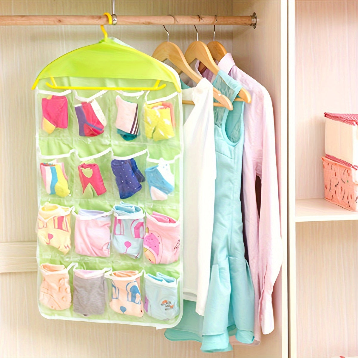 Vibrant 16-pocket hanging organizer for socks, underwear, and small items made of durable polyester with mesh pockets, perfect for bedroom or living room.