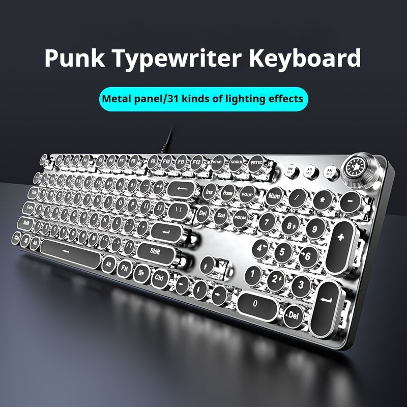 EWEADN Steampunk Mechanical Gaming Keyboard - Full Size with 104 Keys, Metal Panel, LED Backlit, USB Wired, Multimedia Knob, Black Switches, Ideal for Gamers and Office Use.