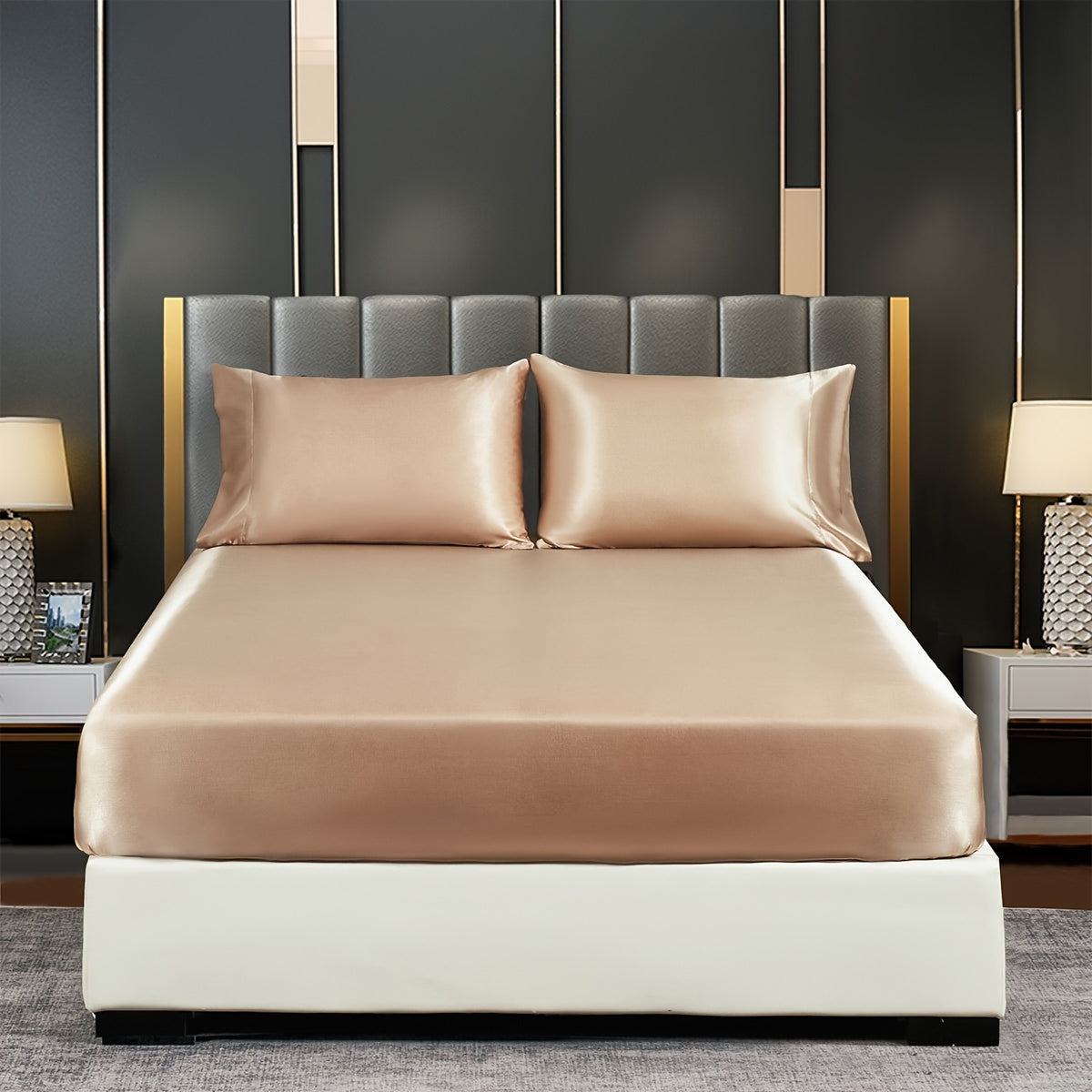 Satin Solid Color Fitted Sheet, Luxuriously Soft Bedding for Bedroom and Guest Room, Pillowcase Not Included