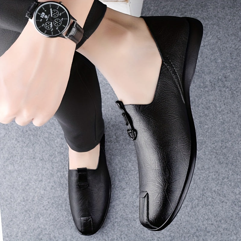 Sleek black slip-on shoes for men, breathable and fashionable with a durable sole.